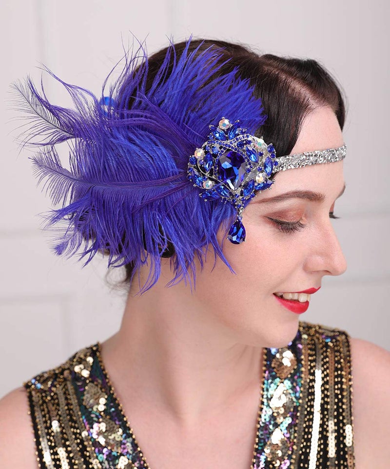 Aimimier 1920s Flapper Feather Headband Royal Blue Sapphire Headpiece with Sparkling Crystal Head Chain Masquerade Hair Accessories for Women - Image 3